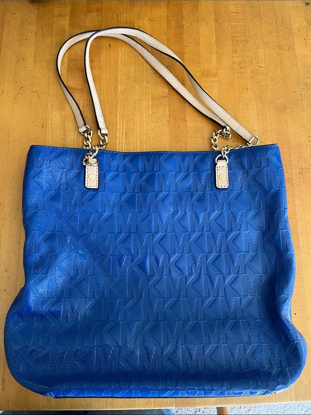 Michael Kors Bright Blue Jet Set MK Logo Tote with Cream Straps